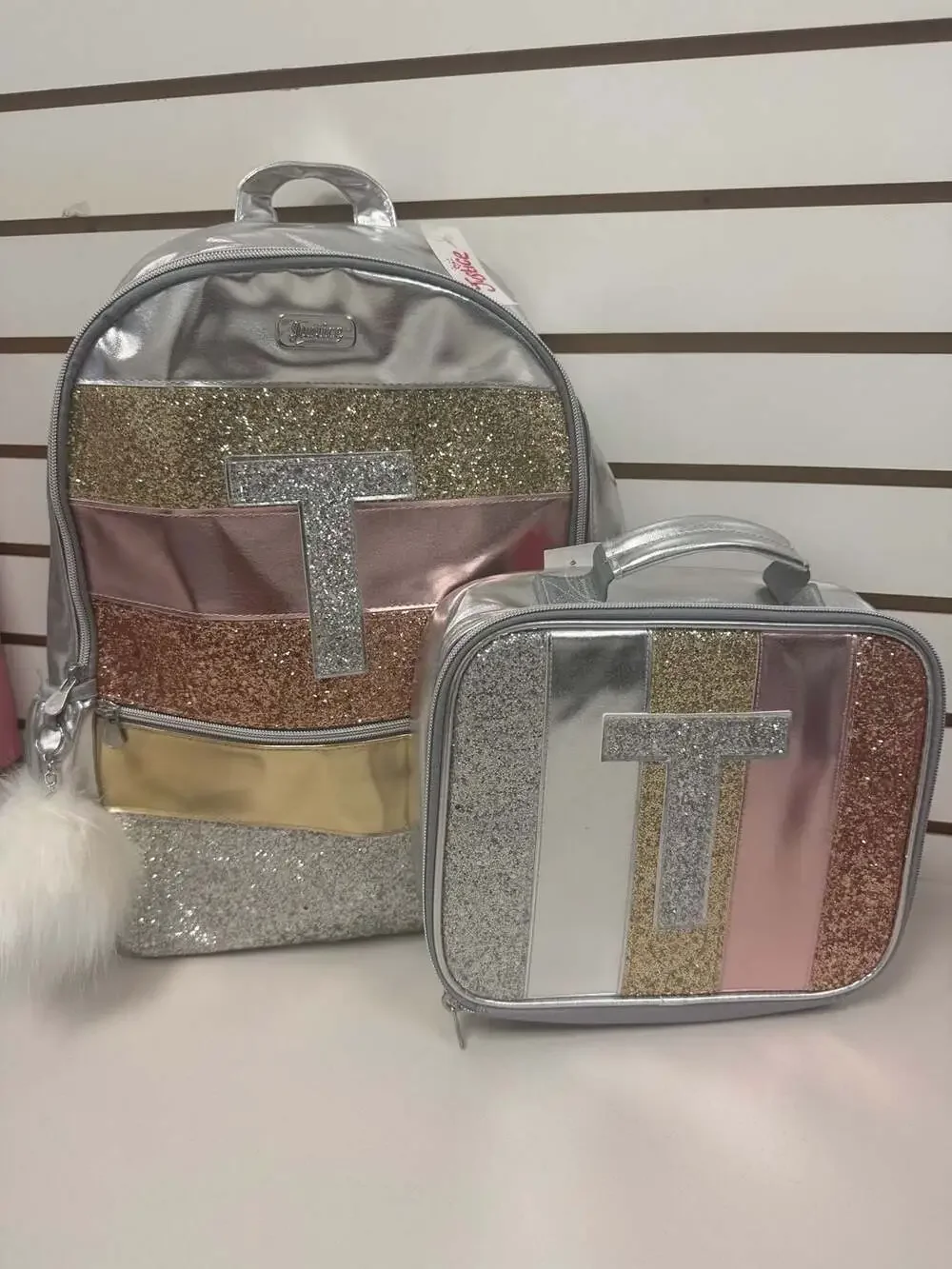 Justice Girls Metallic & Glitter Backpack & Lunch Box  Initial T NWT